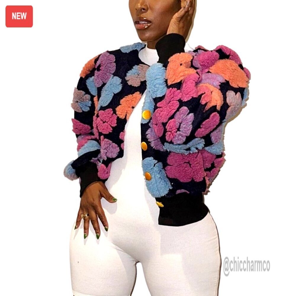 Cropped Floral Bomber Jacket Fleece Retro Chic Button Down Casual Outerwear